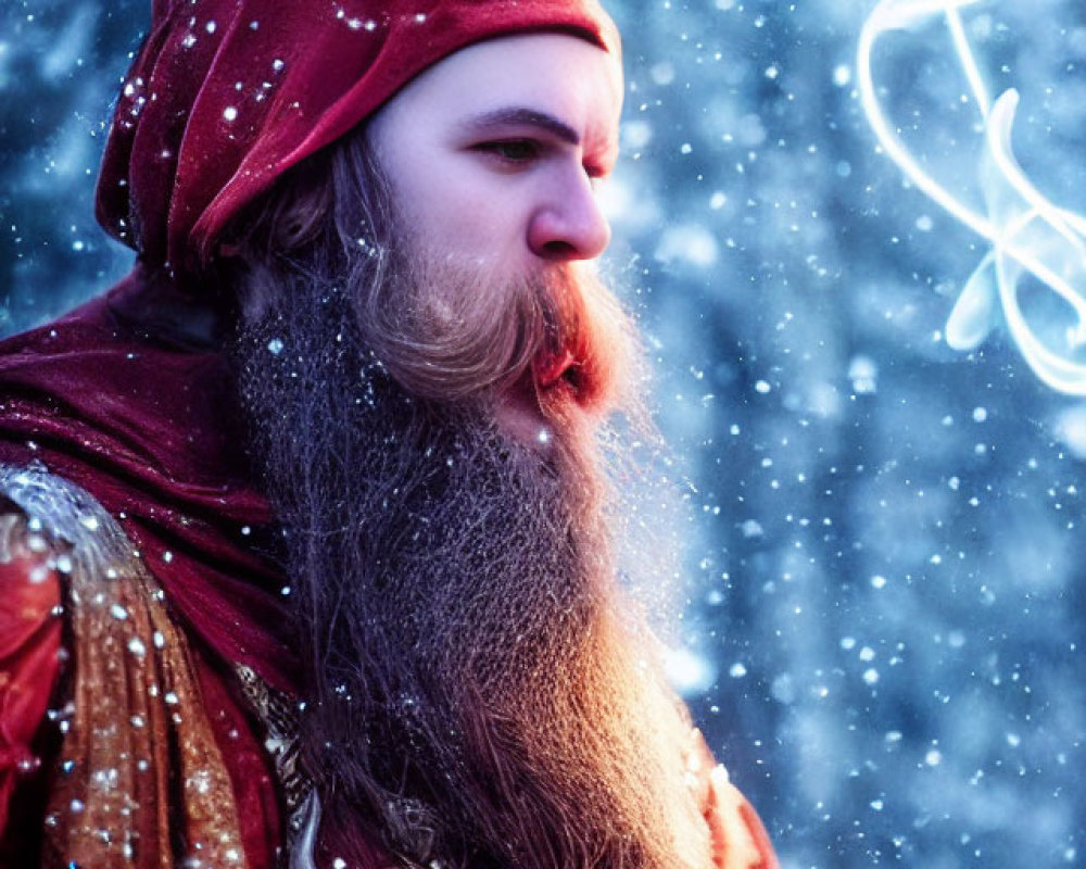 Medieval man with long beard exhales in falling snow and blue lights