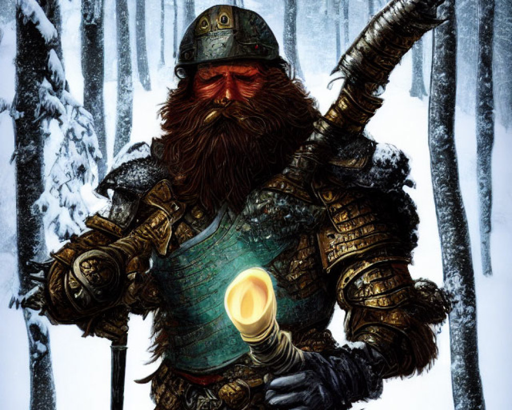 Armored Dwarf with Horn and Axe in Snowy Forest