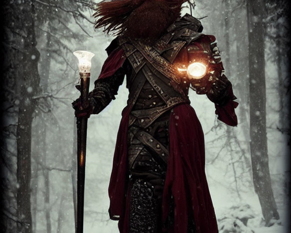 Mythical figure with glowing staff in snowy forest