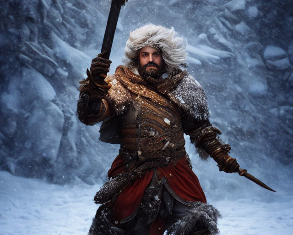 Warrior in snow holding flaming torch, fur and armor.