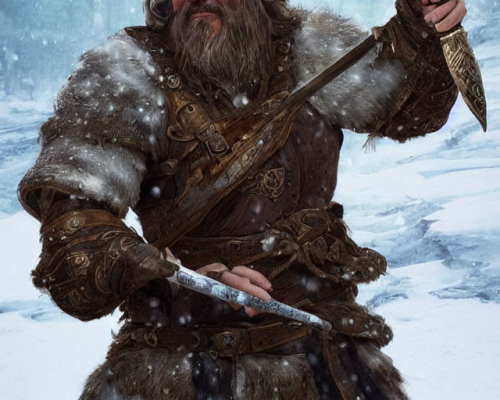 Bearded warrior in fur-lined armor wields sword in snowy landscape