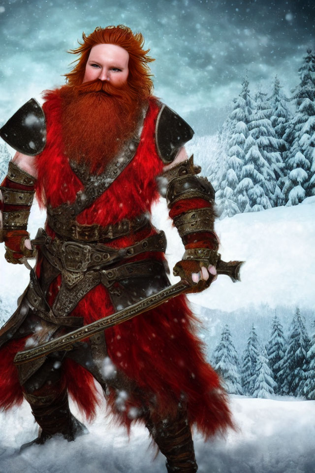 Bearded warrior in fur and armor with axe in snowy forest.