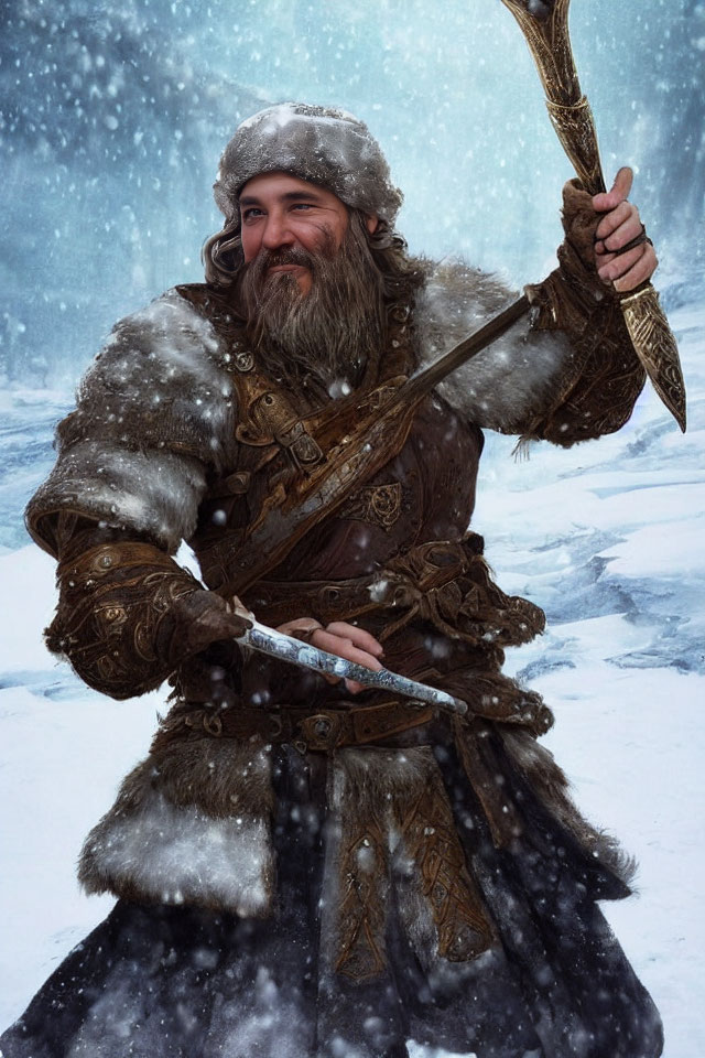 Bearded warrior in fur-lined armor wields sword in snowy landscape