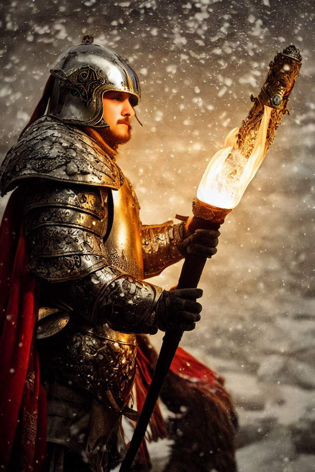 Knight in ornate armor with flaming torch in falling snow