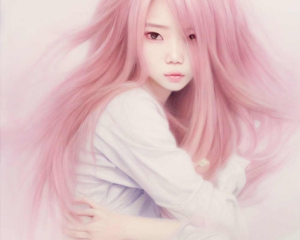 Person with Long Pink Hair in Pensive Pose on Soft Pink Background