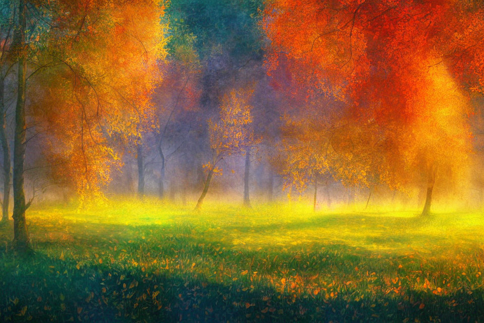 Ethereal autumn forest with vibrant leaves and misty backdrop