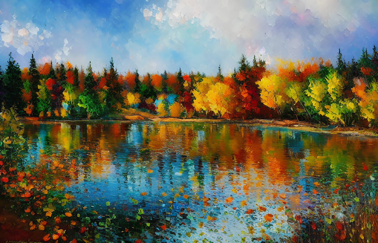 Serene autumnal scene with fiery foliage reflected in lake