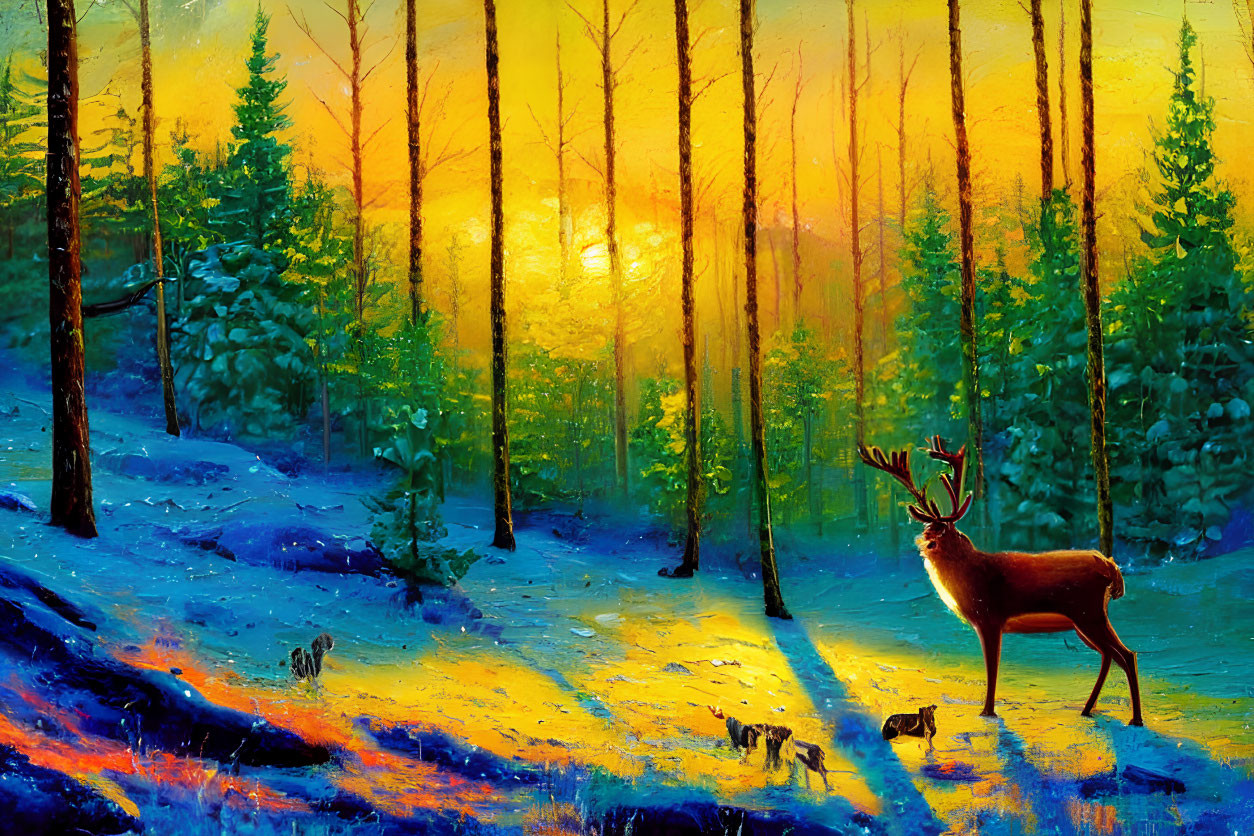 Scenic winter forest painting with deer and sunset glow