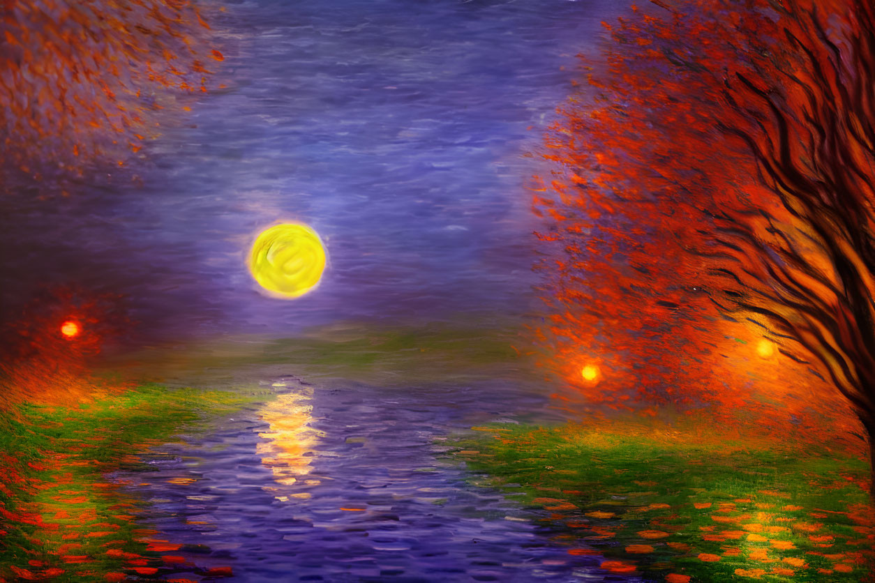 Impressionistic night scene painting with moon, water reflection, orange trees, and red light