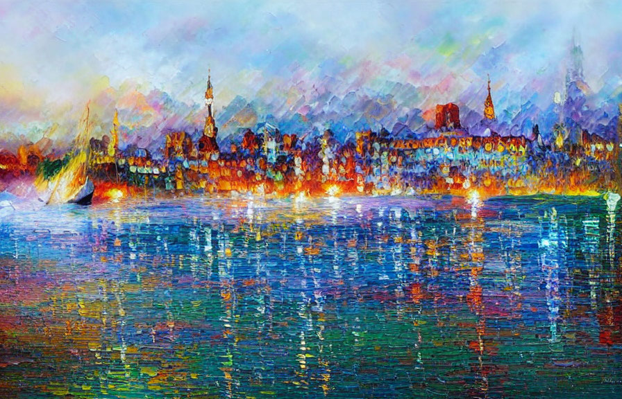 Vibrant Impressionist Cityscape Painting with Reflective Water