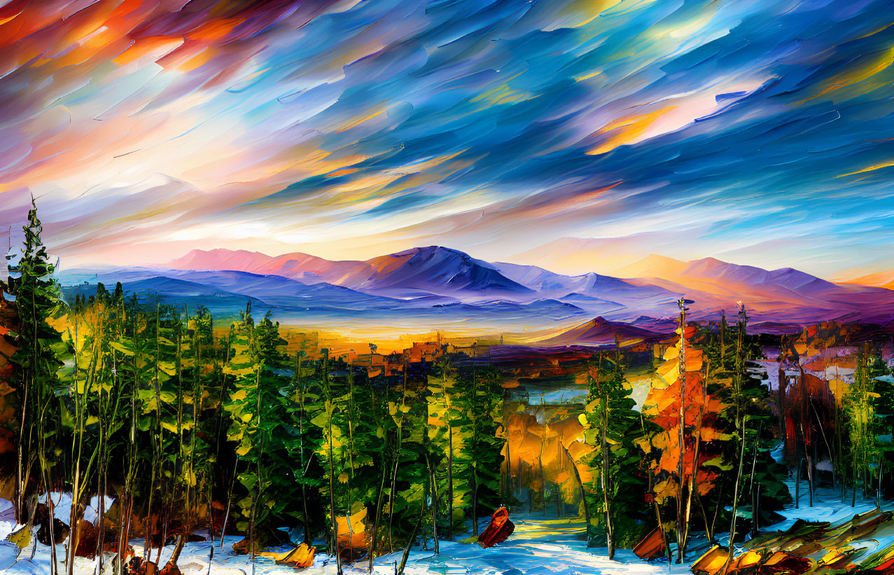 Colorful oil painting of dynamic sky over mountain landscape at sunset