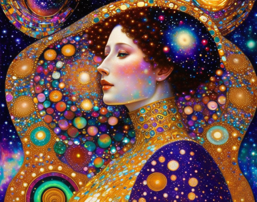 Cosmic-themed digital artwork of a woman with intricate patterns and celestial motifs