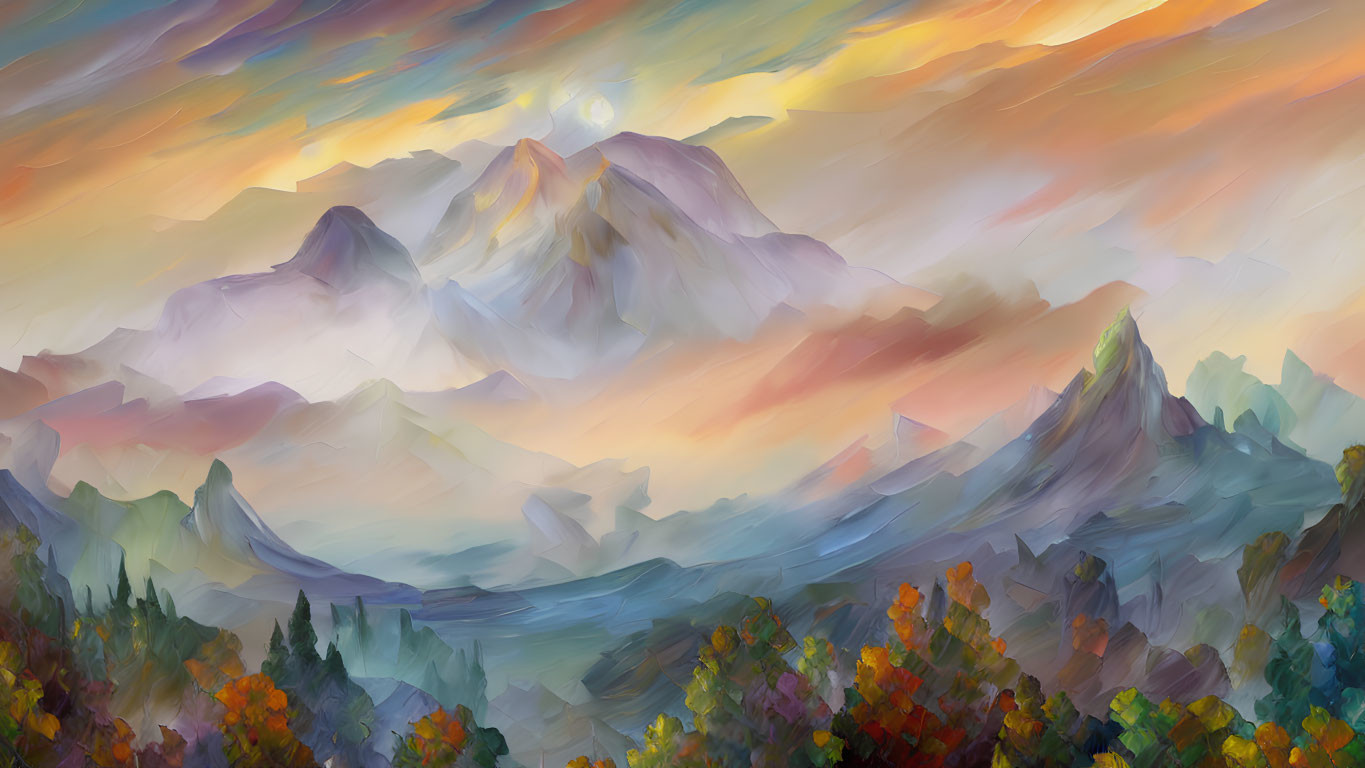 Colorful digital painting of swirling clouds over mountains