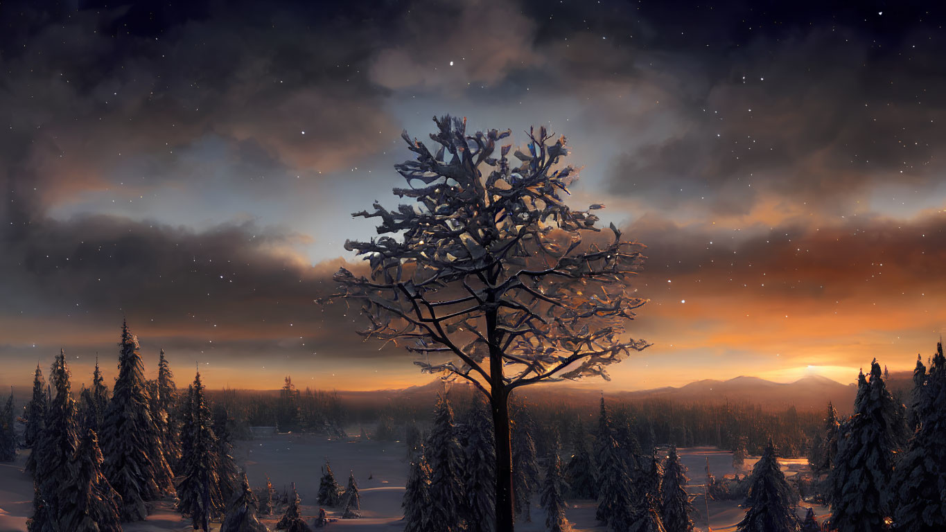 Snow-covered forest under serene dusk sky with twinkling stars, prominent bare tree, distant mountains