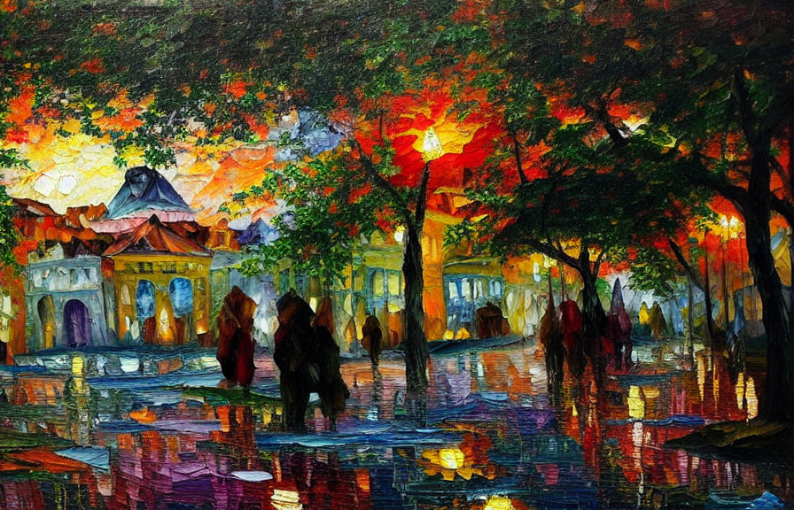 Colorful oil painting of impressionistic street scene at dusk with reflections, silhouettes, and vivid