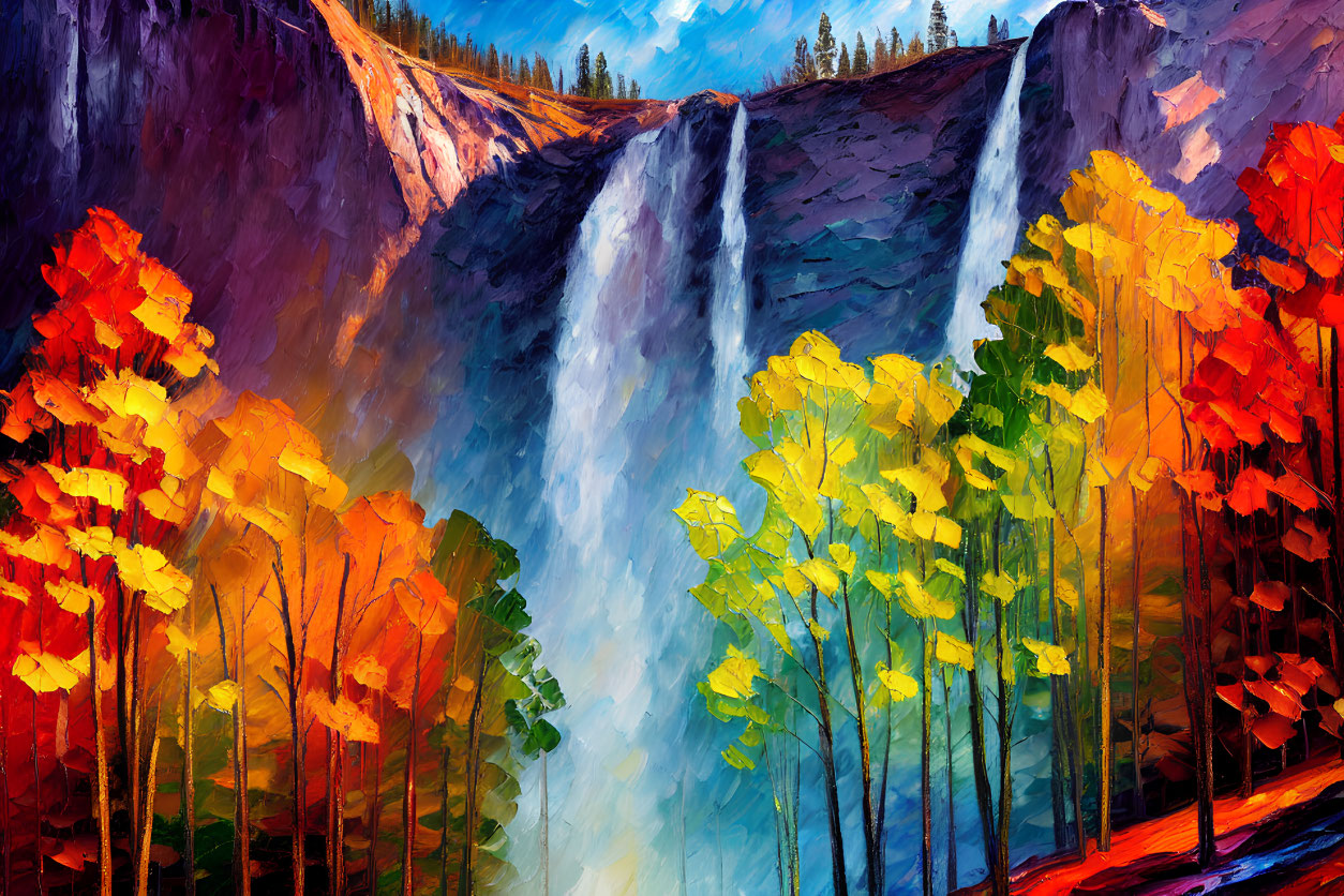 Vibrant autumn waterfall painting with rocky cliffs