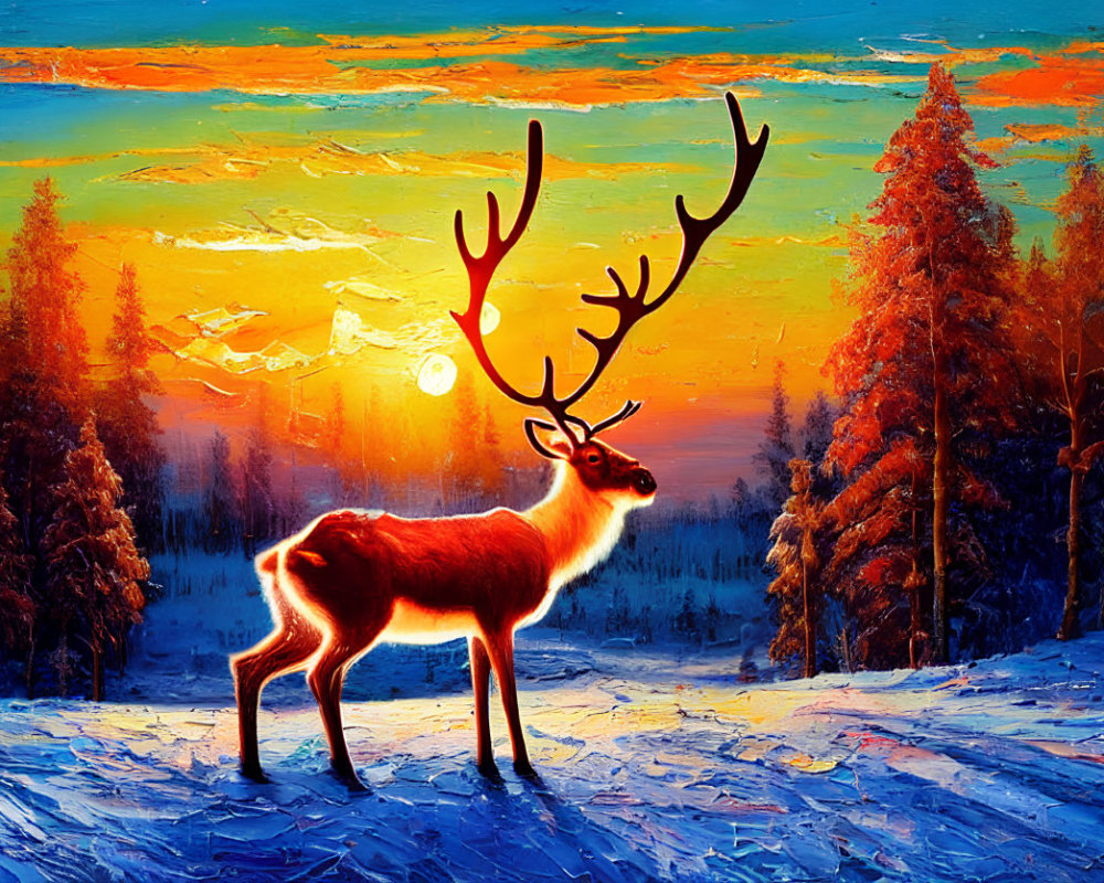 Reindeer in Snowy Landscape at Sunset with Pine Trees