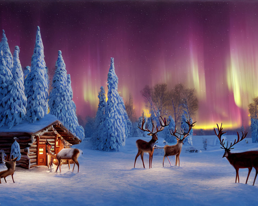 Snowy Winter Scene: Wooden Cabin, Reindeer, Aurora Borealis