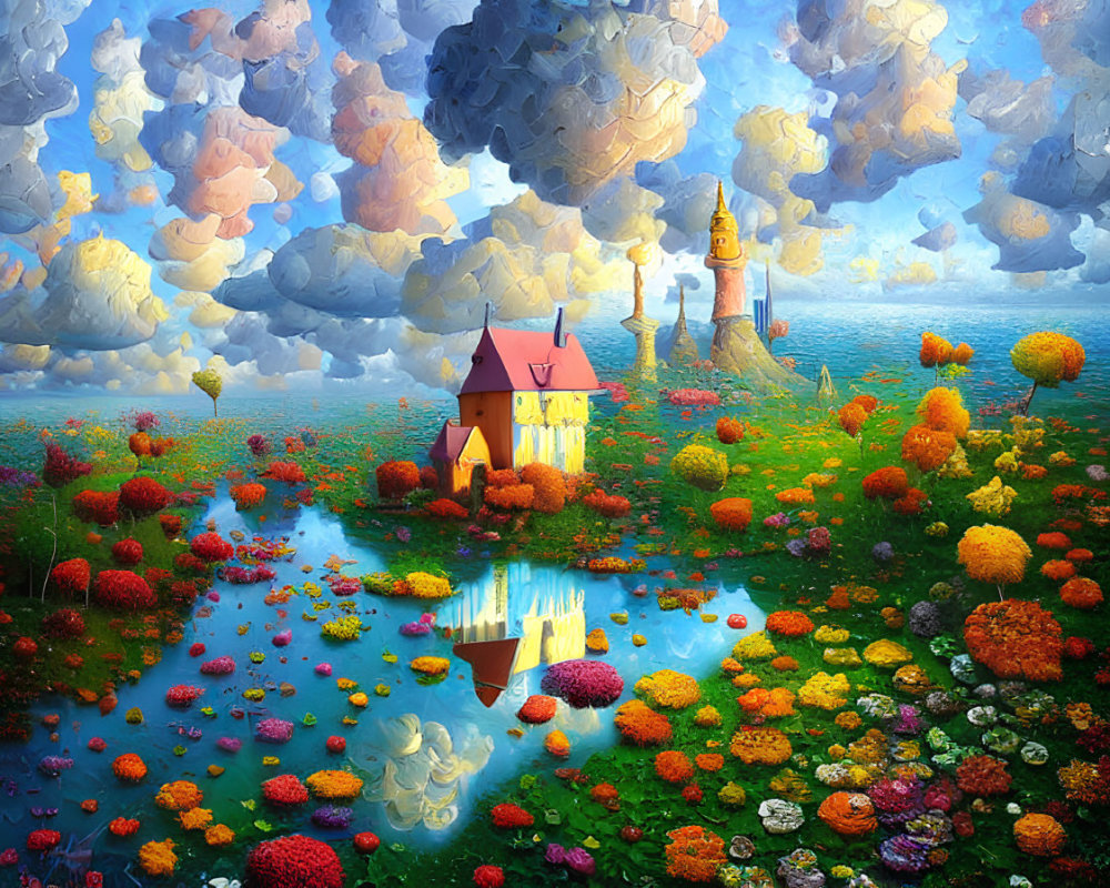 Colorful landscape with house, pond, flowers, castle, and fluffy clouds