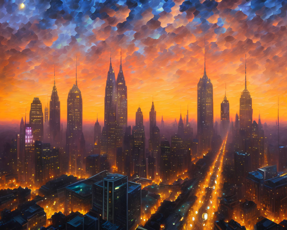 Cityscape at Dusk with Illuminated Streets and Buildings in Vibrant Artistic Rendering