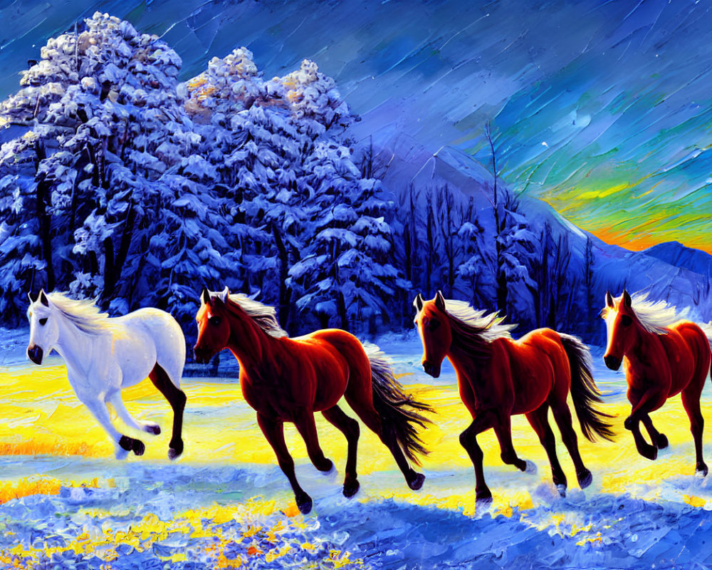 Winter scene: White horse leads three brown horses in snow-covered landscape