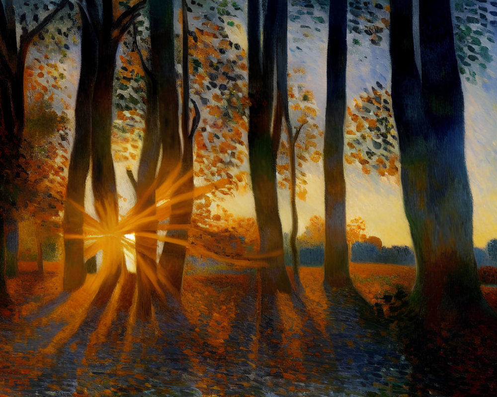 Colorful Forest Sunset Painting with Sunlight Through Trees