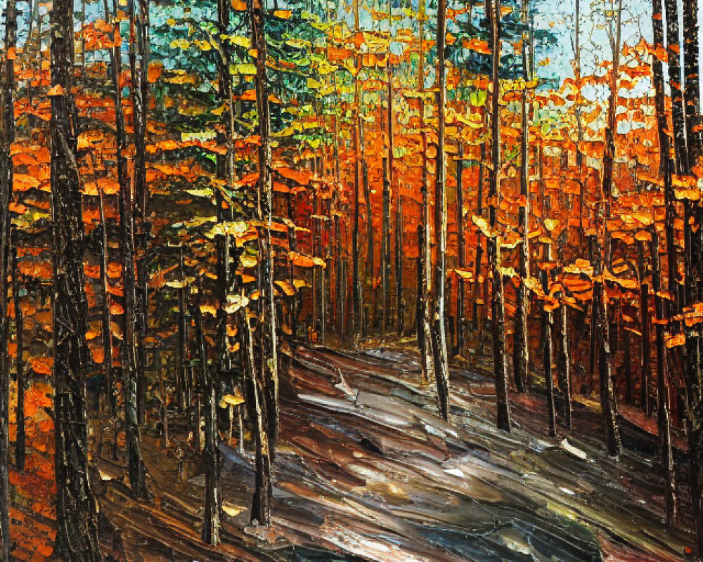 Autumnal forest oil painting with impasto brushwork and vibrant colors