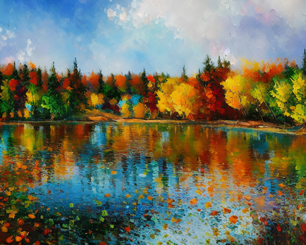 Serene autumnal scene with fiery foliage reflected in lake