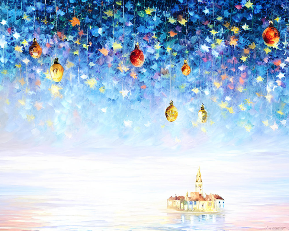 Vibrant painting of island church under starry sky with lanterns