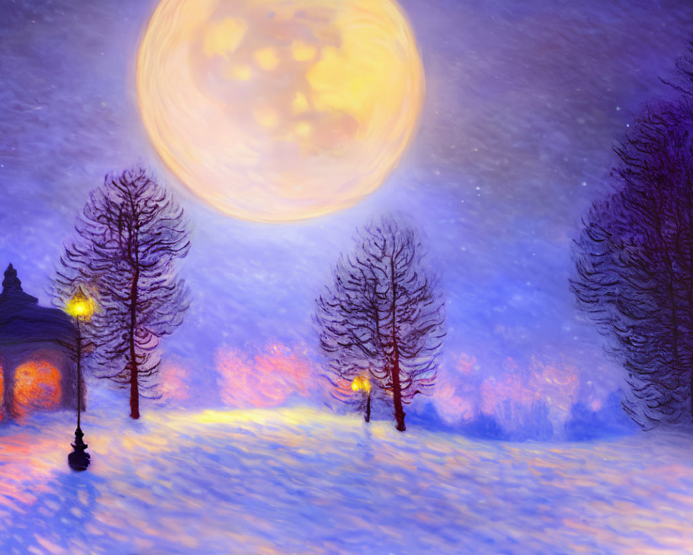Snowy Night Landscape Painting with Full Moon, Lamp Post, Gazebo, and Silhouet