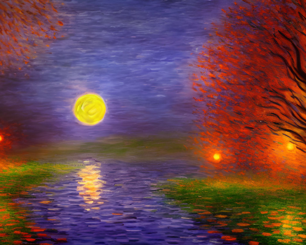 Impressionistic night scene painting with moon, water reflection, orange trees, and red light