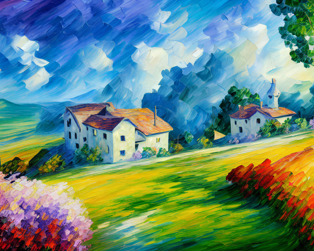 Colorful oil painting of rural landscape with cottages, church, trees, and dynamic sky