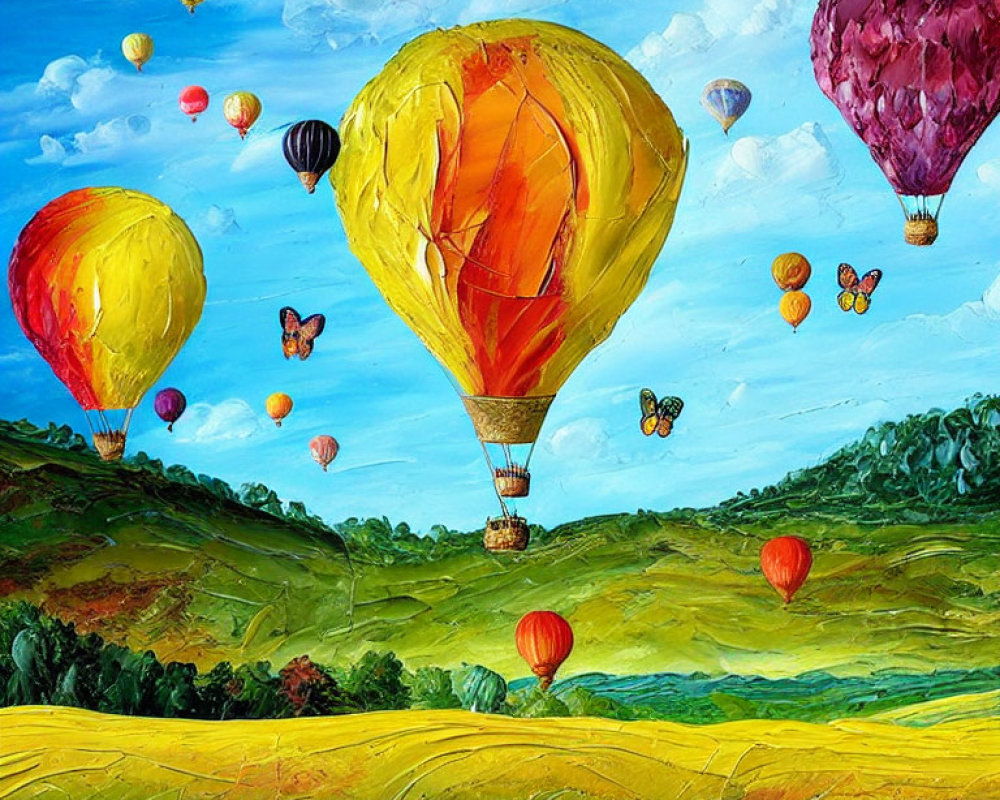 Vibrant hot air balloons over rolling green landscape