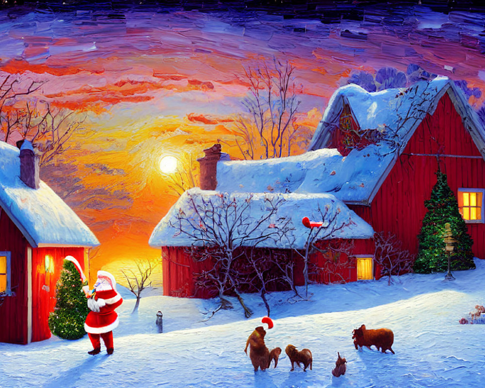 Santa Claus in Snowy Sunset Scene with Animals and Warm Glowing Houses