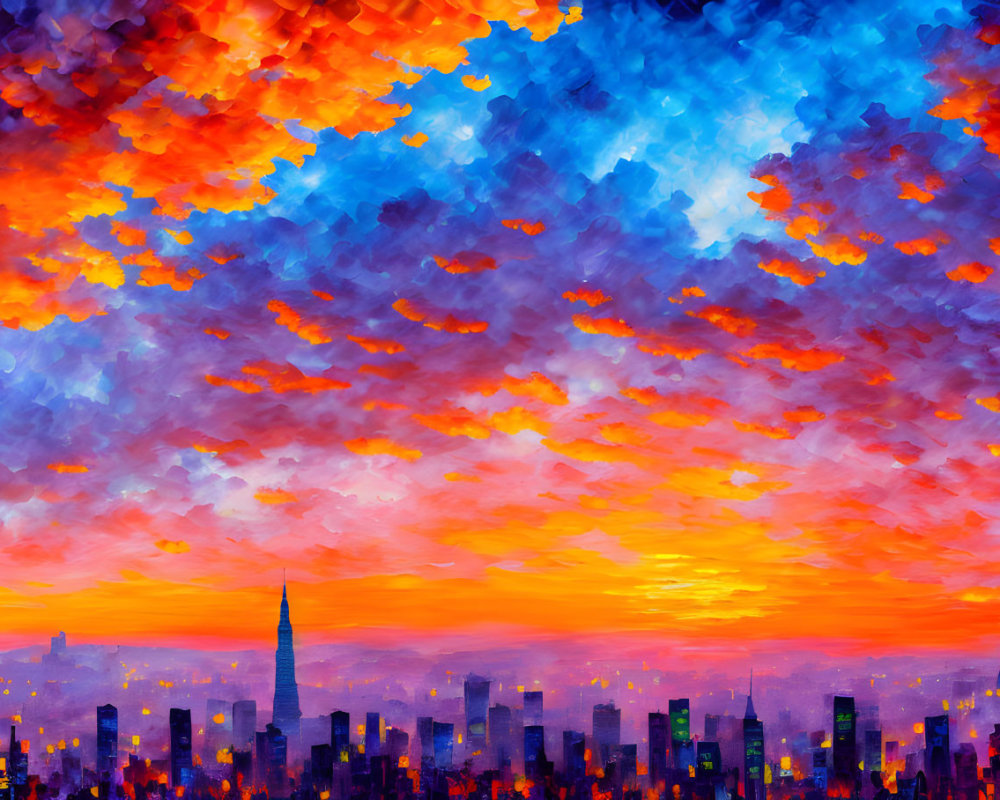 Colorful Sunset Cityscape with Silhouette Buildings in Vibrant Stylized Art