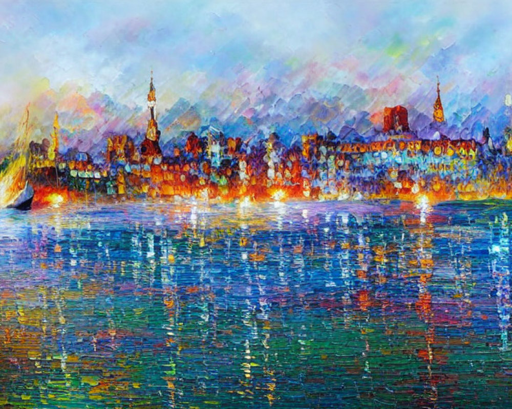 Vibrant Impressionist Cityscape Painting with Reflective Water