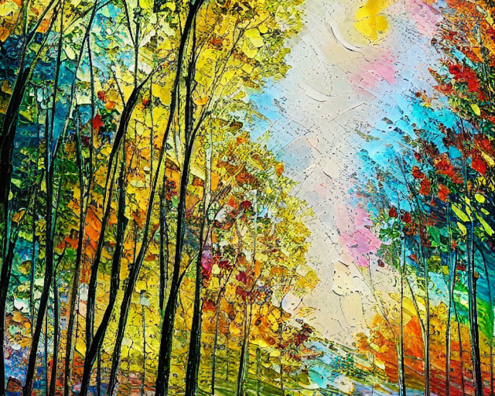 Colorful Autumn Forest Painting with Sunlight Streaming Through