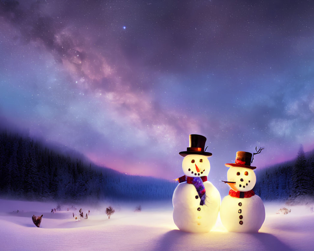 Snowmen with hats and scarves in snowy forest scene
