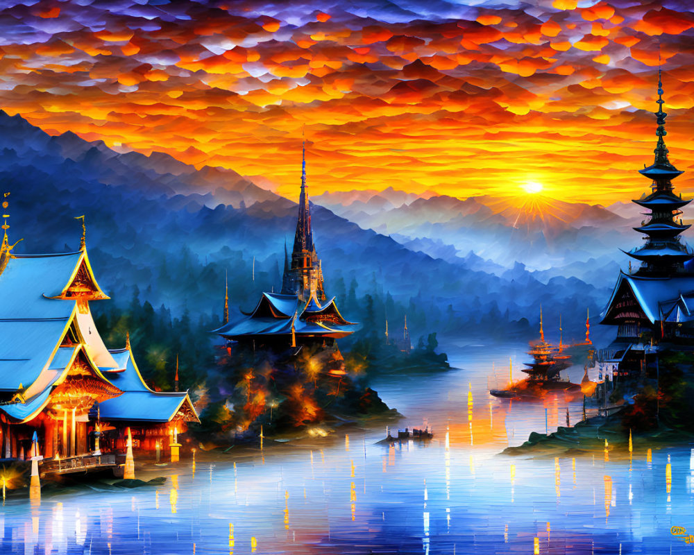 Colorful sunset over Eastern landscape with traditional buildings and calm waters.