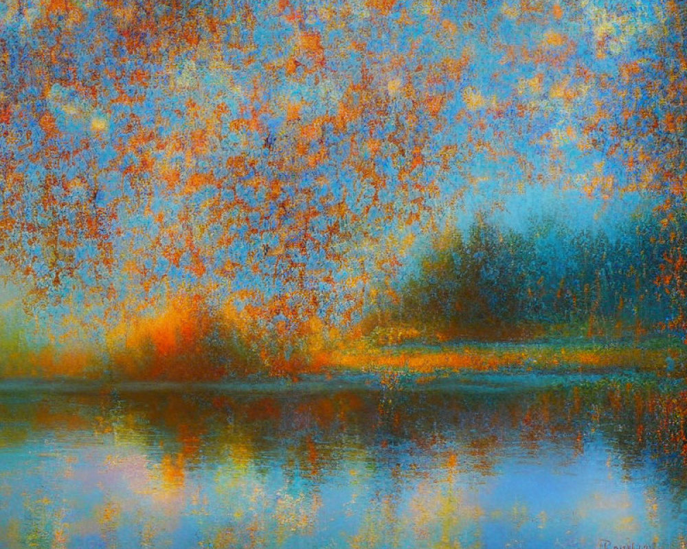 Impressionistic painting featuring trees reflecting on water with vibrant orange, blue, and green hues.