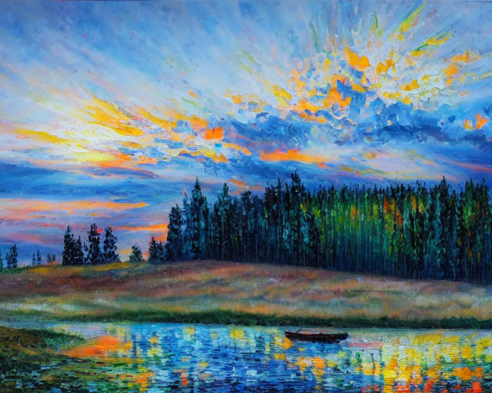 Colorful sunset painting over calm lake with forest silhouette