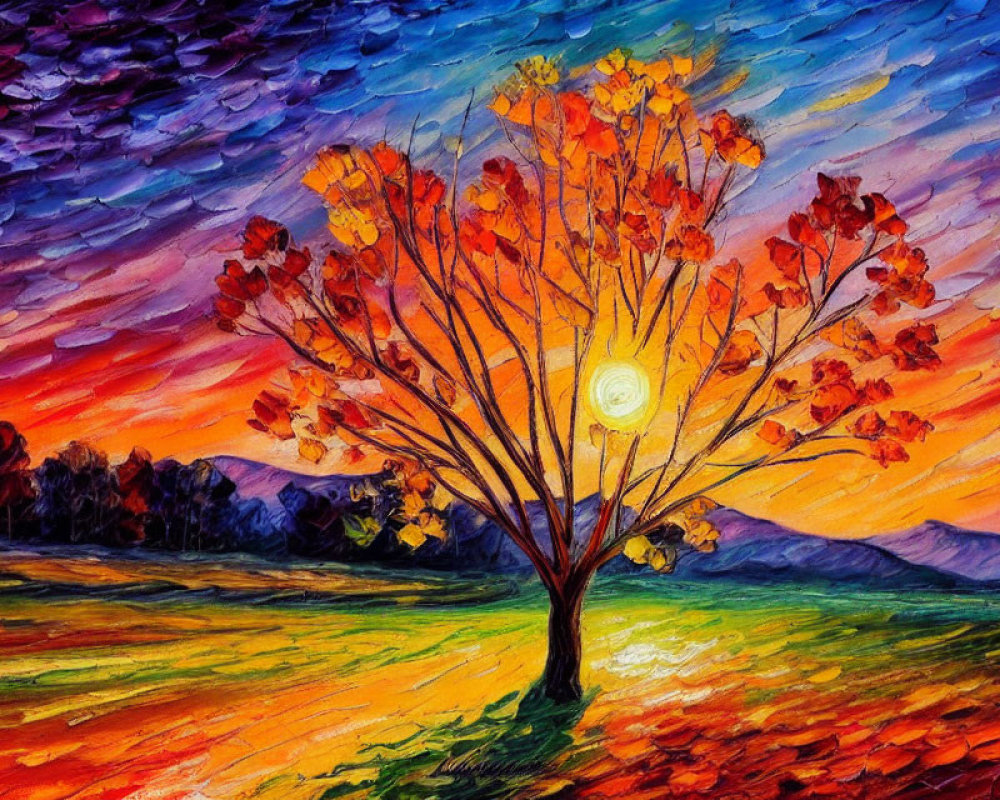 Colorful painting: Tree with red and yellow leaves under sunset sky
