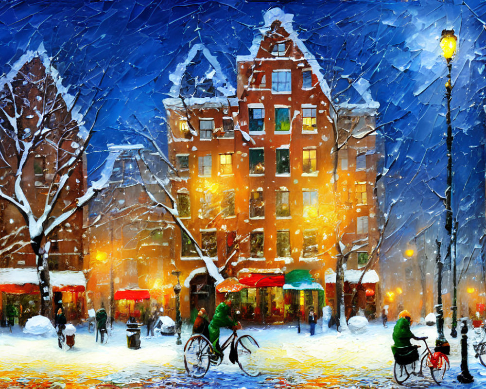 Impressionistic snowy city scene with bicyclists and illuminated buildings