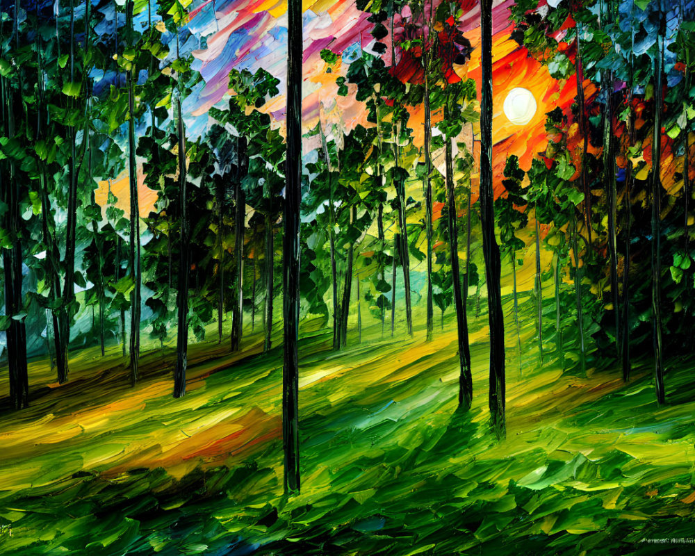 Colorful sunlit forest painting with vibrant sky and lush greenery