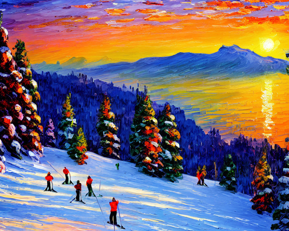 Scenic painting of skiers on snow slope at sunset
