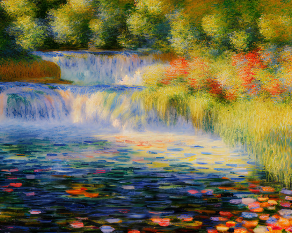Tranquil waterfall painting with lush greenery and colorful flora
