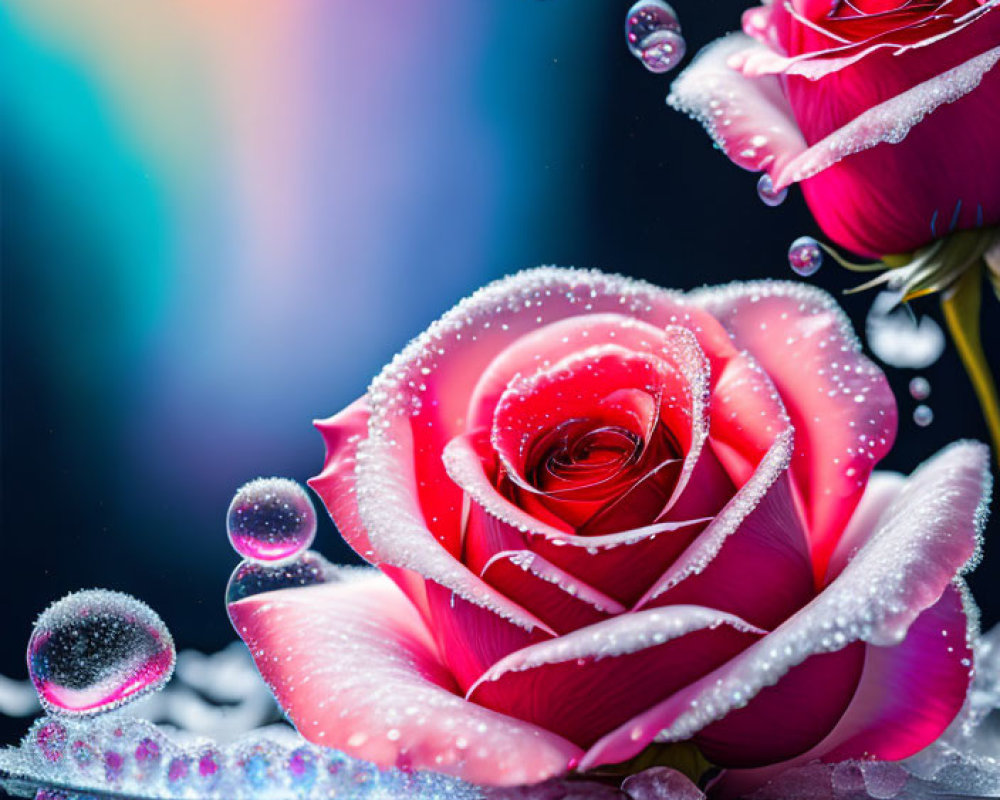 Bright red roses with water droplets on colorful bokeh background
