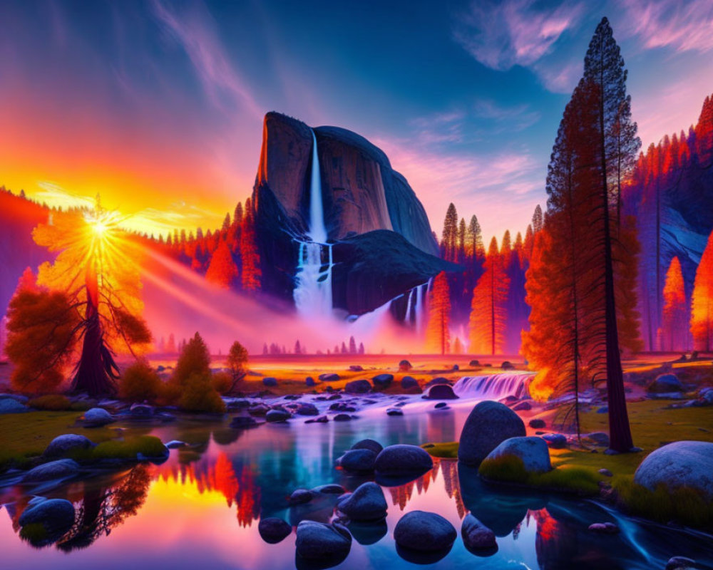 Scenic sunset over river with waterfall, granite monolith, trees.