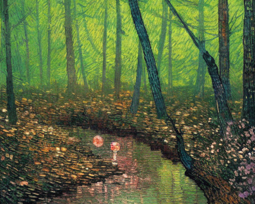 Tranquil forest scene with stream, sun/moon reflection, green trees, fallen leaves
