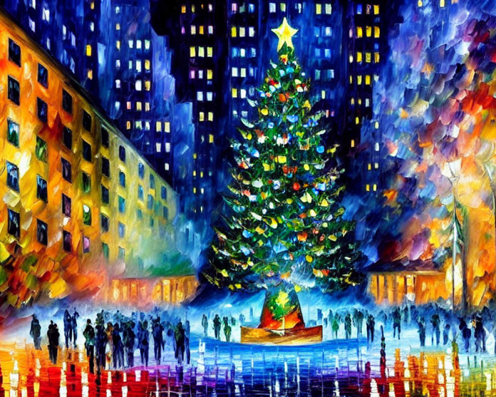 Colorful city square scene with illuminated Christmas tree at night